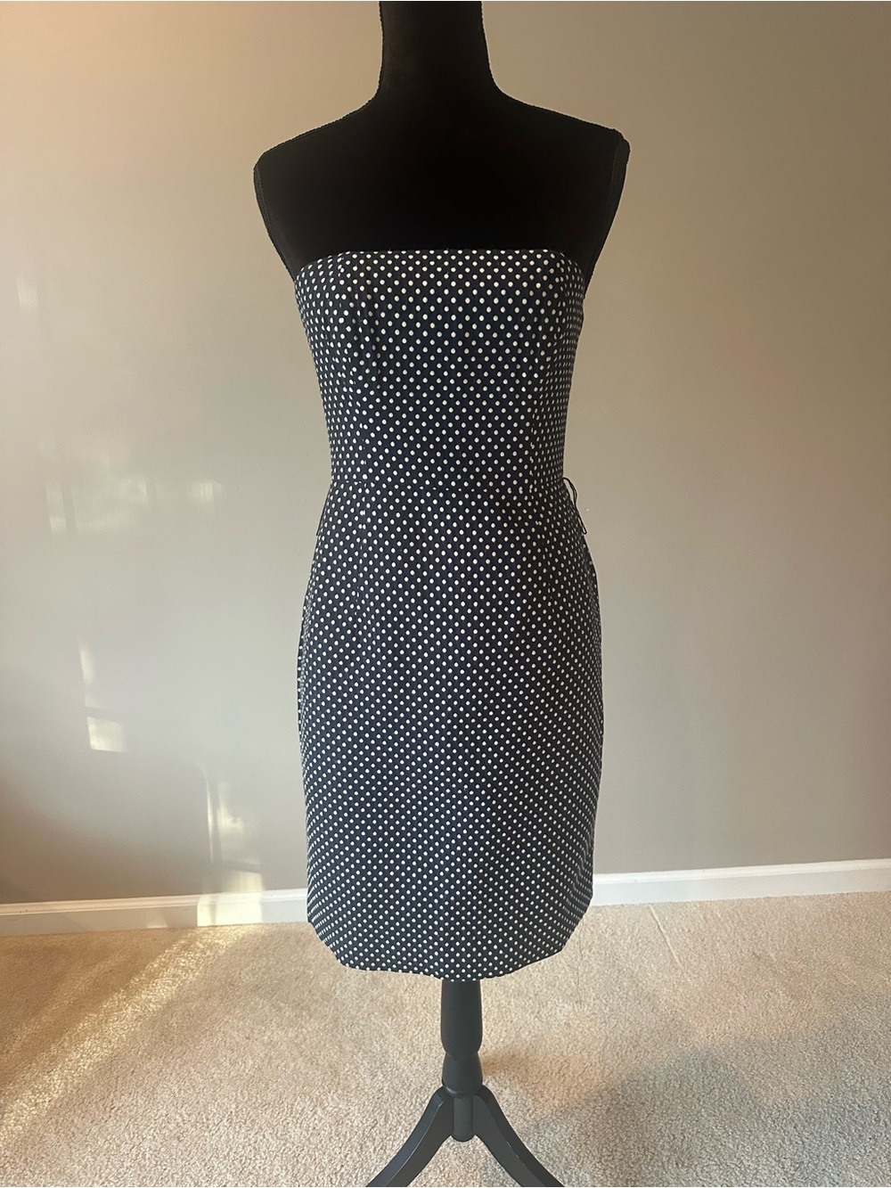 Suzi Chin for Maggy Boutique Navy Blue Strapless Polka Dot Sheath Dress